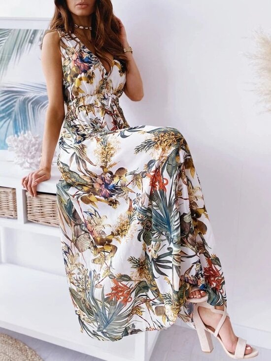 1to3 Dresses & Skirts - Women's Sleeveless V Neck Boho Floral Maxi Dress Summer Beach Backless Sundress